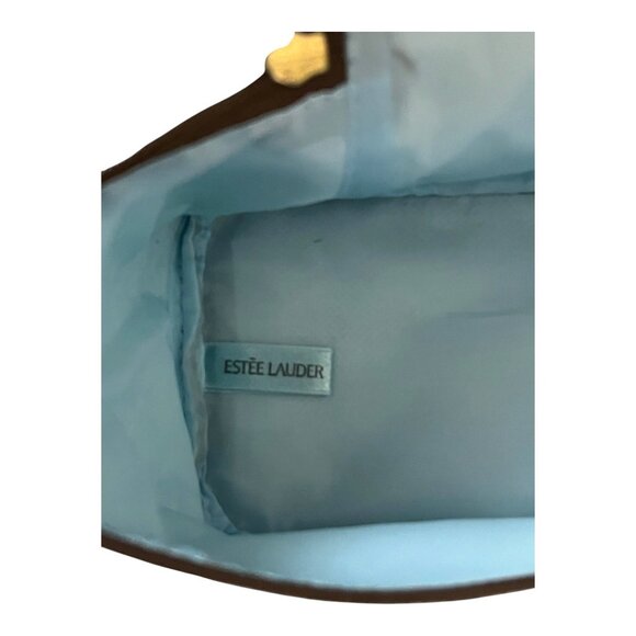 Vtg Estée Lauder Blue White Zigzag Cosmetic Travel Bag with Brown Trim - Picture 7 of 8